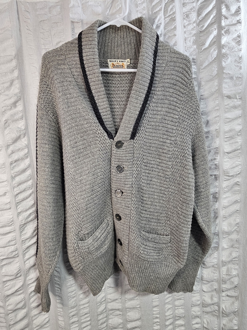 Vintage 50 60s Bulky Knit By Campus Lambswool Shawl Collar Chunky Knit Cardigan